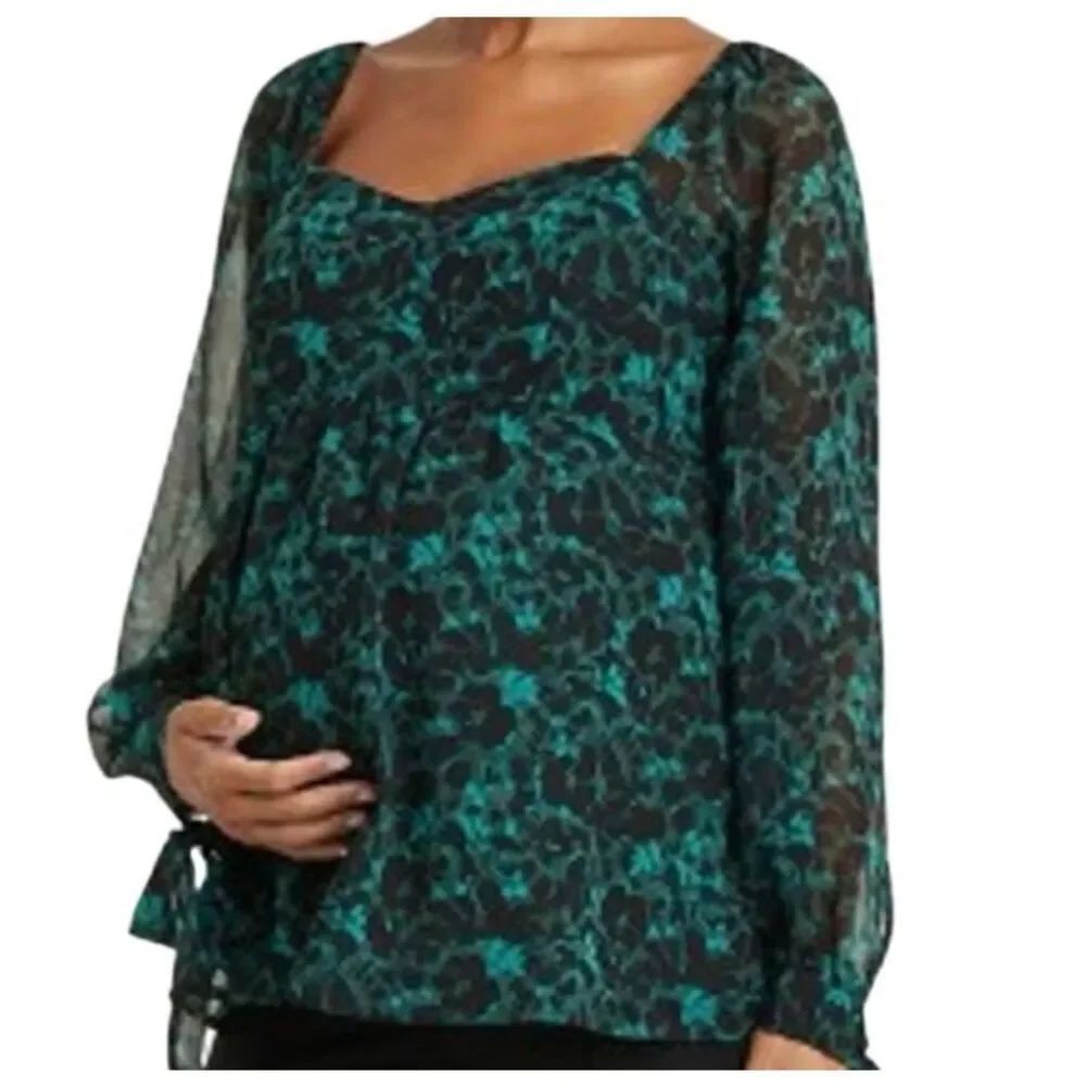NWT Isabel Maternity Green & Black Floral Chiffon Blouse Size Medium